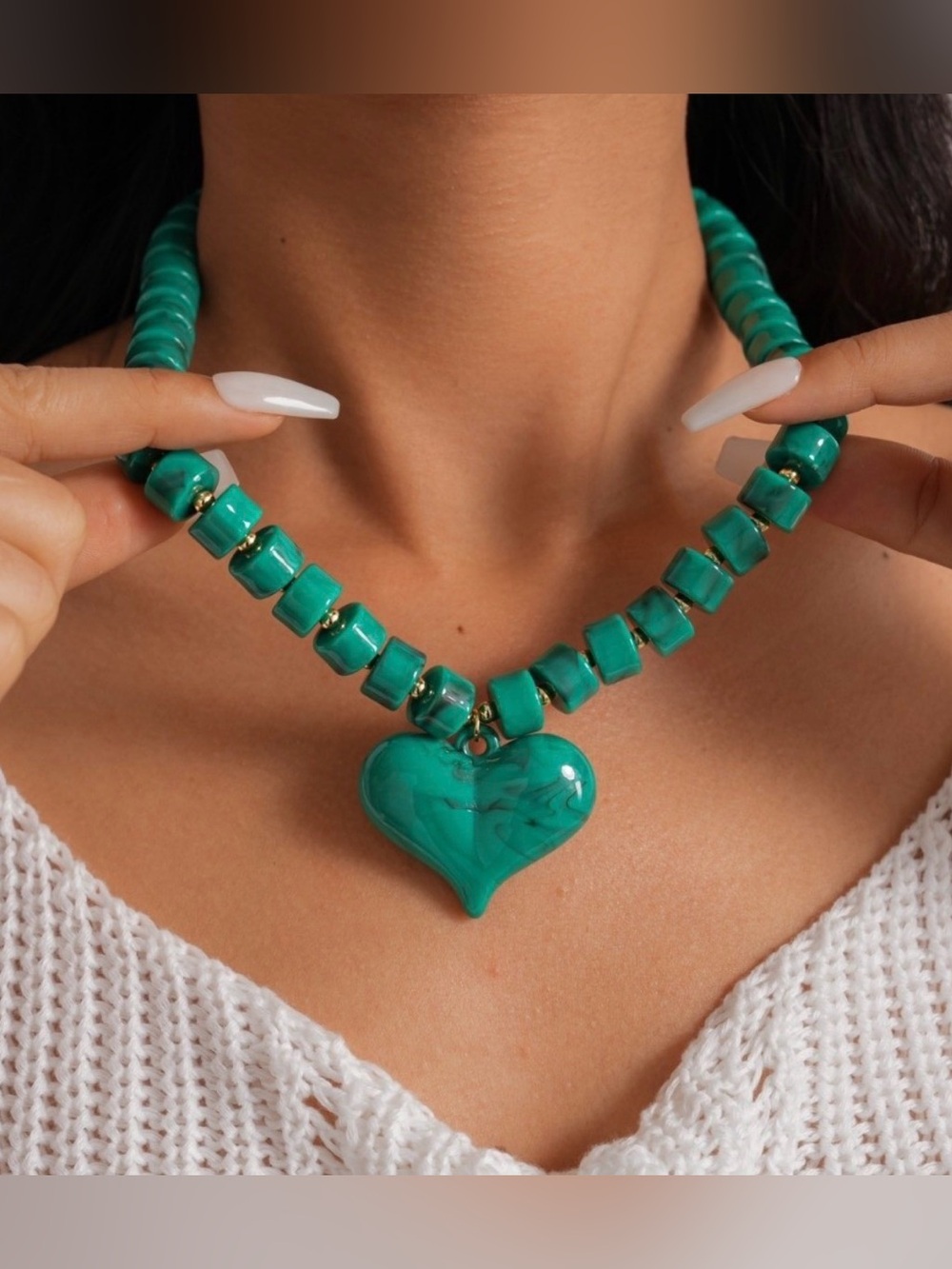 Green Heart Bead Choker Necklace Summer Gift - Picture 5 of 8